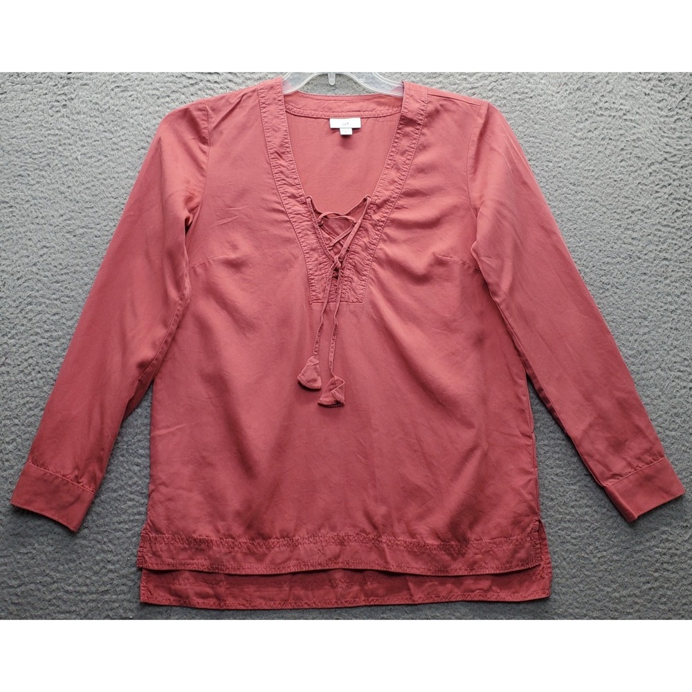 J. Jill Blouse Top Womens XS Pink Long Sleeve Tassel Lace Up V-Neck High Low Hem
